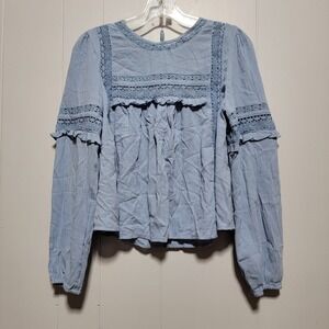 American Eagle Blue Lace Trim Cutout Back Long Sleeve Peasant Blouse‎ Top S